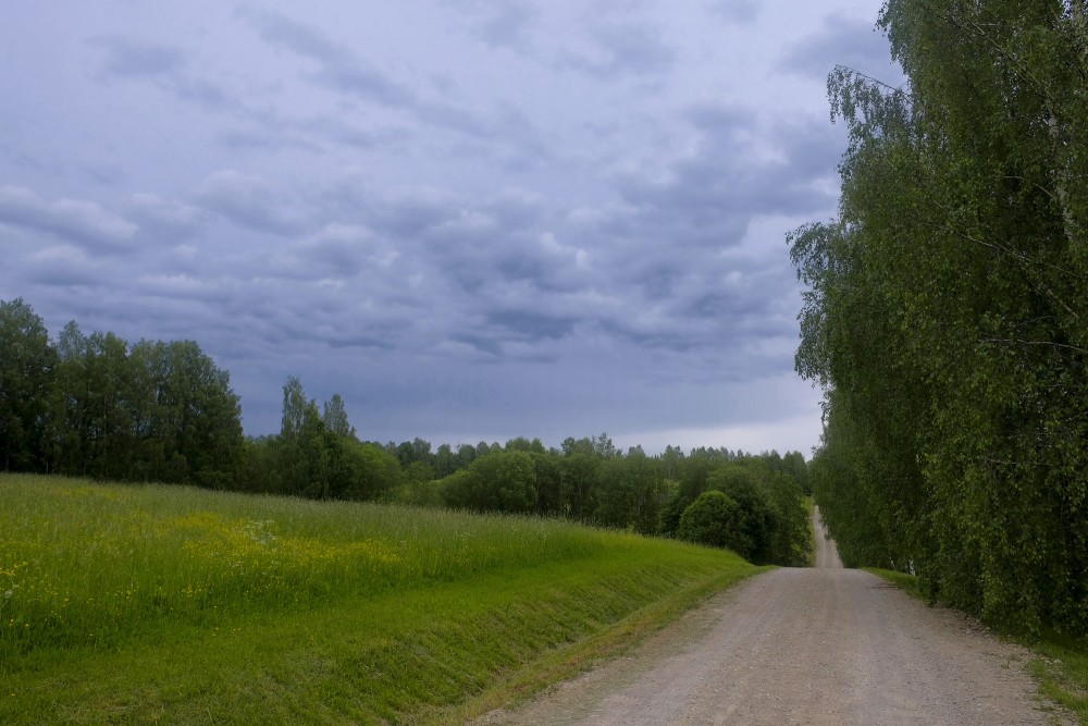 Tumši mākoņi, grantēts lauku ceļš Tumši mākoņi, grantēts lauku ceļš