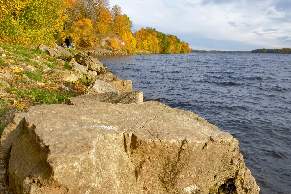 Akmeņaina Daugavas krastmala Lielvārdē rudenī
