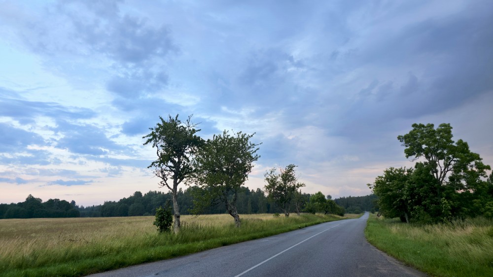 Vakara ainava, ceļš, lauki