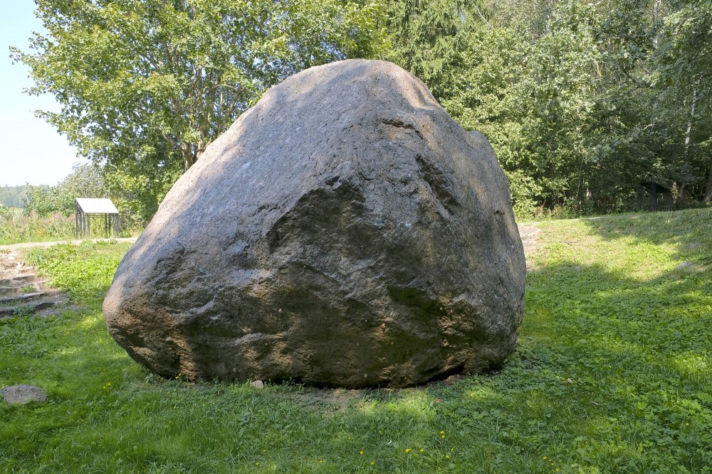 Šilalės Kūlis boulder near the forest with grass and an information board in the background
