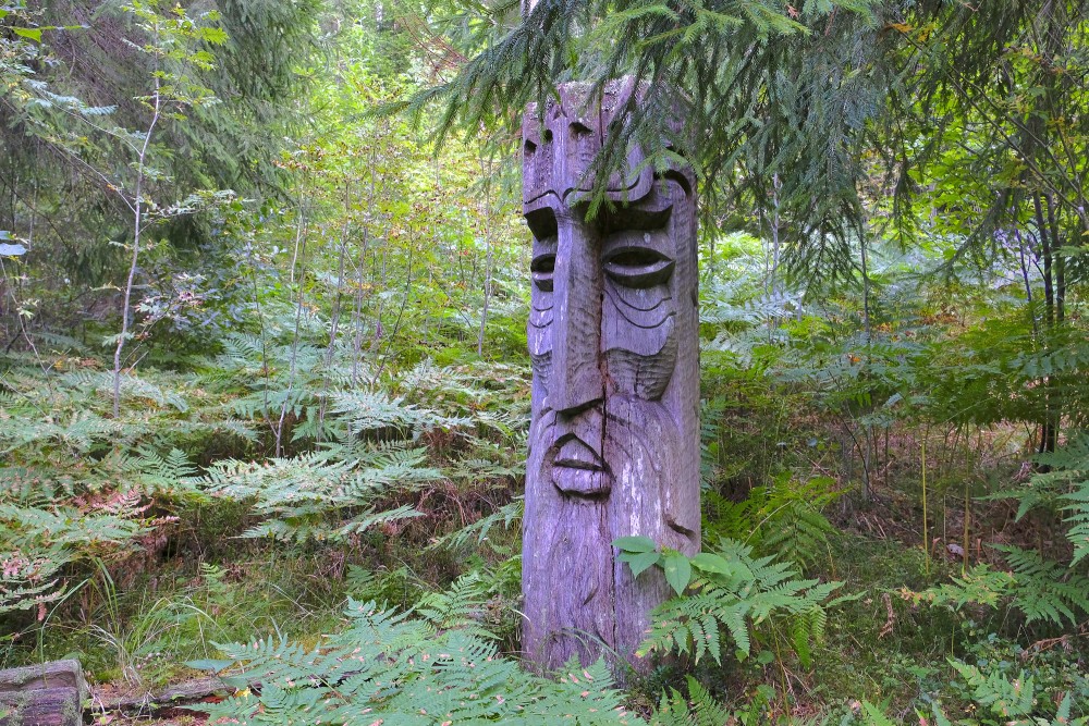 Wooden face sculpture among ferns in a dense forest setting