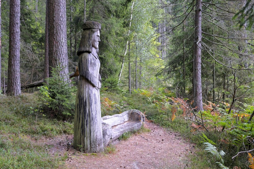 Wooden female sculpture in the forest by a trail with a log bench