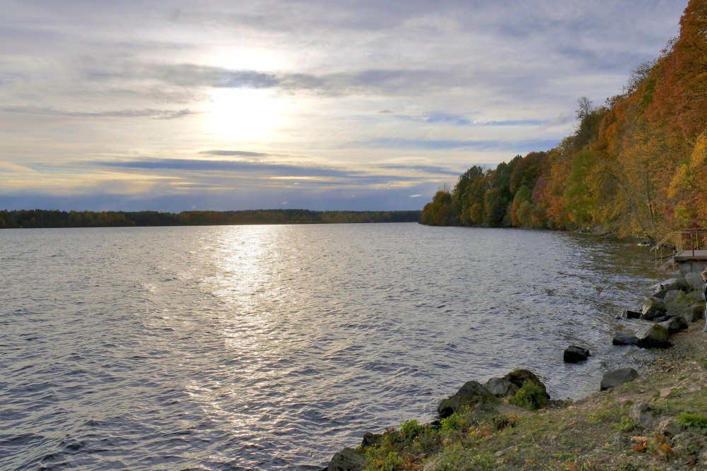 Saulaina pēcpusdiena pie Daugavas ar rudenīgiem kokiem un mirdzošu ūdeni