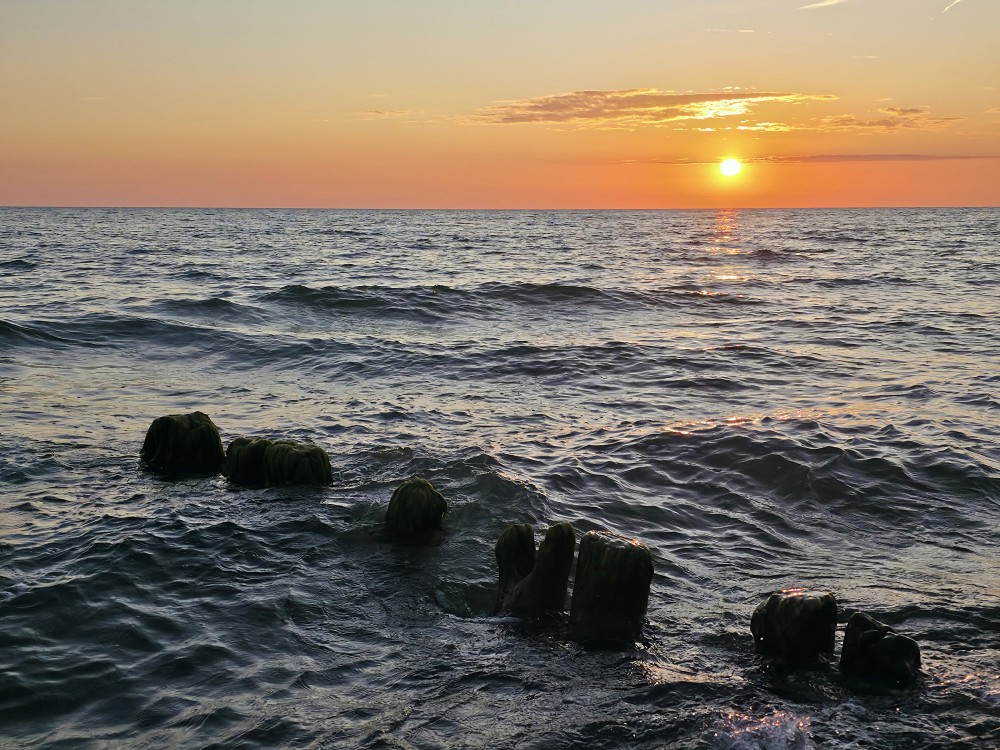 Sunset over the Baltic Sea with waves and old wooden breakwater posts