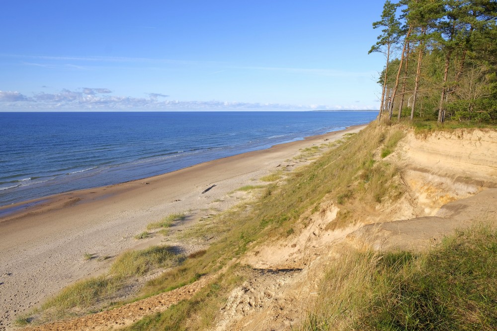 Sandy beach and sea cliff shoreline on a clear day