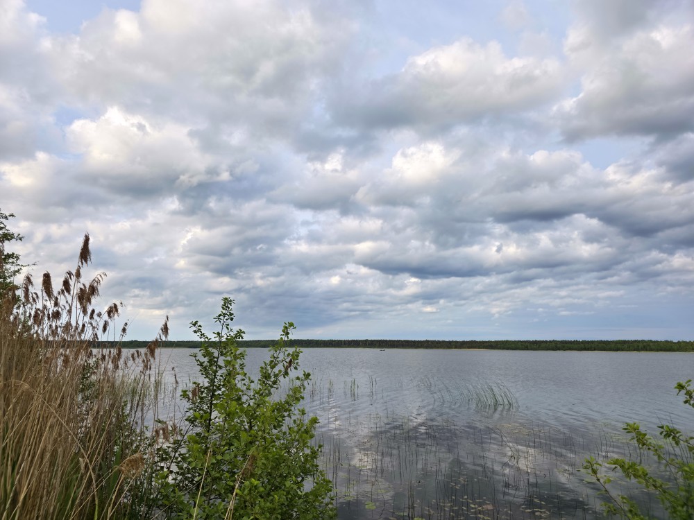Būšnieku ezera ainava, mākoņainas debesis
