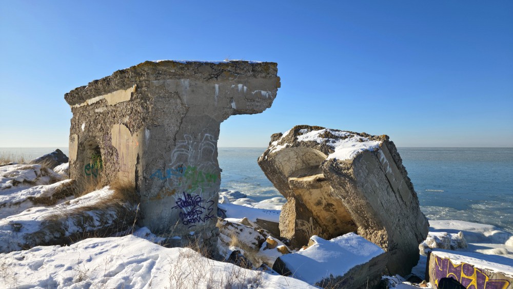 Close-up of Liepaja northern forts concrete ruins and graffiti