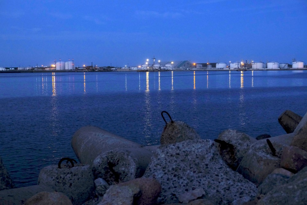 Evening view of Ventspils port and the Venta River