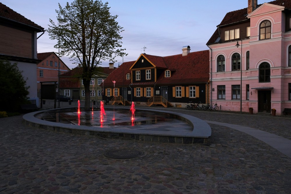 Kuldiga Town Square Fountain at Night